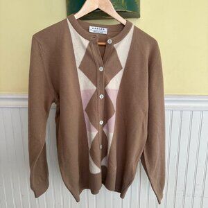 Jaeger 100% Lambswool Cardigan With Geometric Pattern Size 38 Made In Great Brit